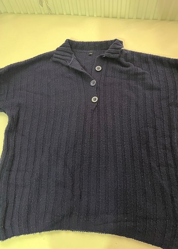 Düğmeli Lacivert Keten Kadın Kazak - Görsel 3