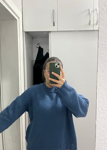 Bohem Tarzı Mavi Örgü Kadın Kazak - Görsel 7