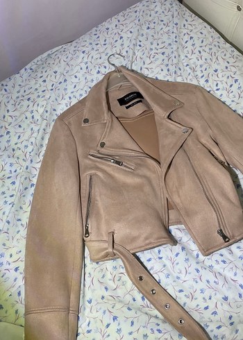 Bej Süet Kemerli Kısa Deri Ceket - Görsel 2