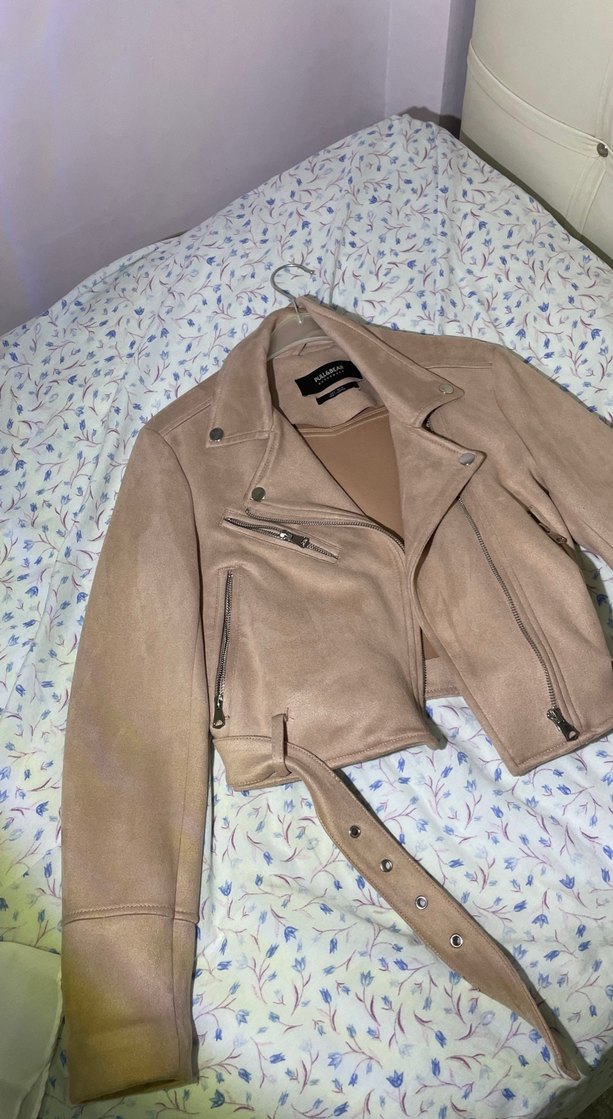 Bej Süet Kemerli Kısa Deri Ceket - Görsel 2