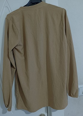 Bej Düğmeli Keten Uzun Kollu Bluz - Görsel 2