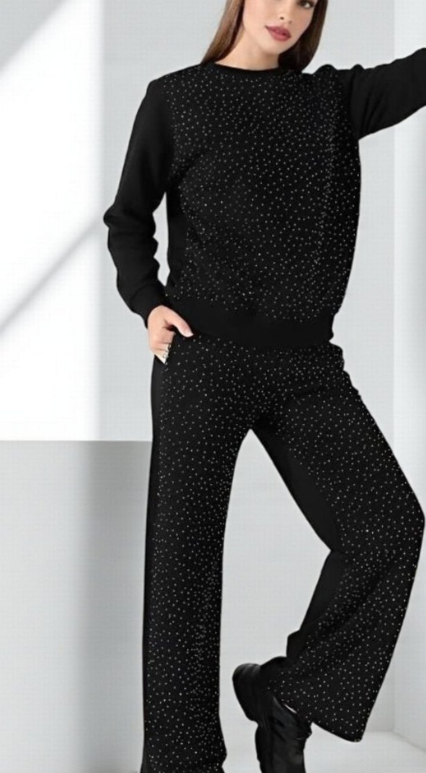 Siyah Kadın Örgü Detaylı Rahat Eşofman Takımı - Görsel 3