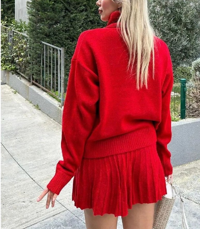 Kırmızı Örgü Boğazlı Kadın Kazak - Görsel 2