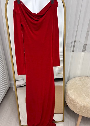 Kırmızı Drapeli Uzun V Yaka Kadın Elbise - Görsel 6