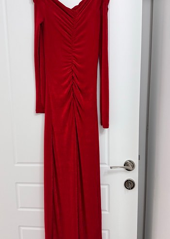 Kırmızı Drapeli Uzun V Yaka Kadın Elbise - Görsel 2
