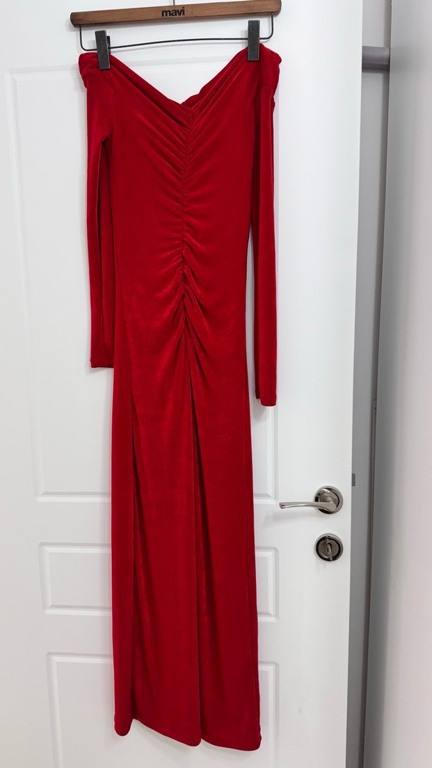 Kırmızı Drapeli Uzun V Yaka Kadın Elbise - Görsel 2