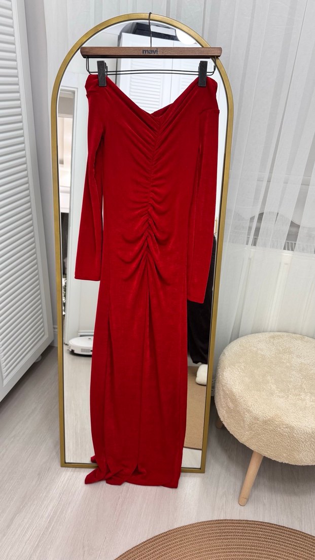 Kırmızı Drapeli Uzun V Yaka Kadın Elbise - Görsel 4