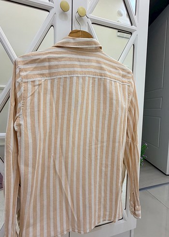 Bej Çizgili Keten Erkek Gömlek - Görsel 5