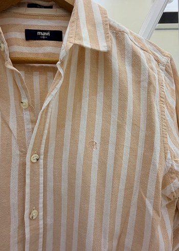 Bej Çizgili Keten Erkek Gömlek - Görsel 2