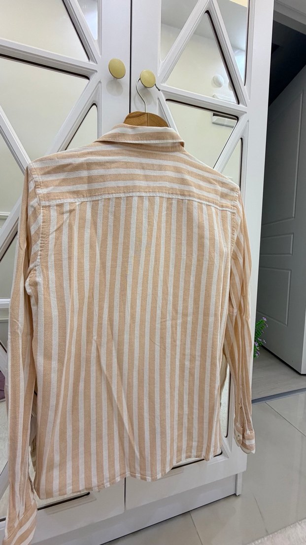 Bej Çizgili Keten Erkek Gömlek - Görsel 5