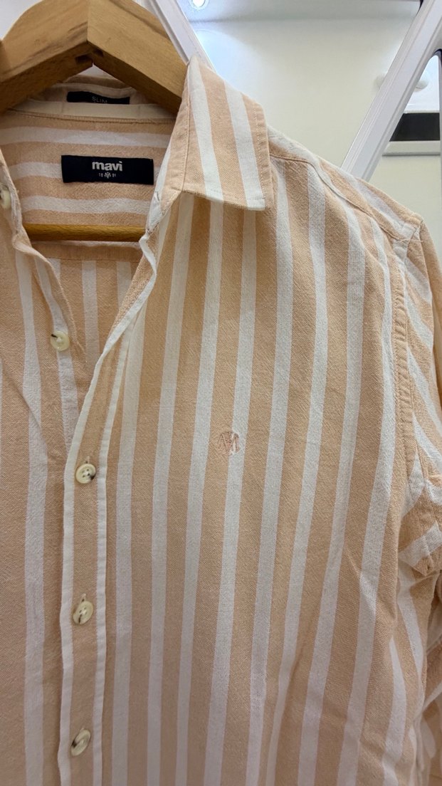 Bej Çizgili Keten Erkek Gömlek - Görsel 2