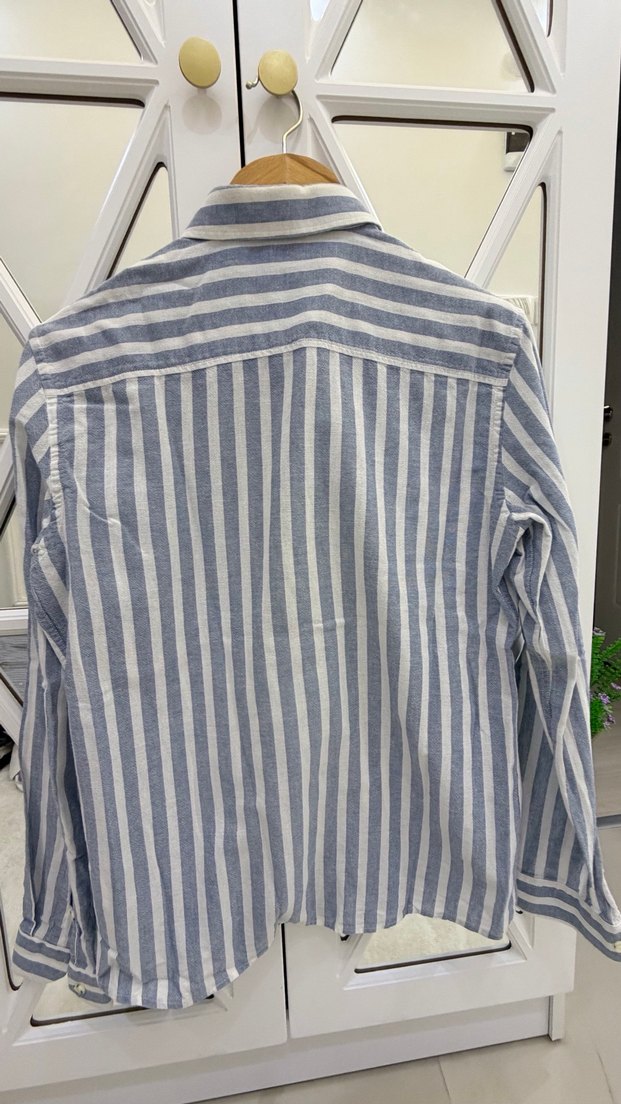 Erkek Mavi Gri Çizgili Keten Gömlek - Görsel 5