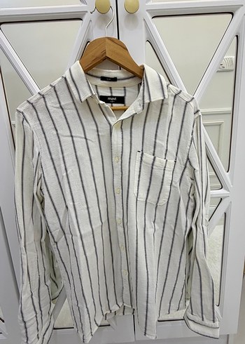 Erkek Gri Çizgili Keten Gömlek - Görsel 3