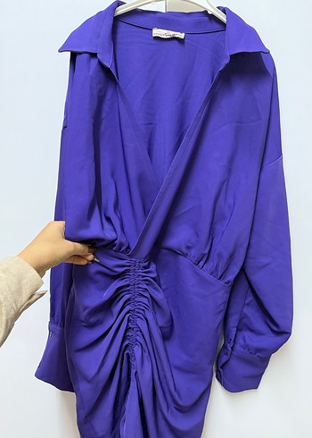 Mor Kadın Uzun Kollu Büzgülü Elbise - Görsel 2