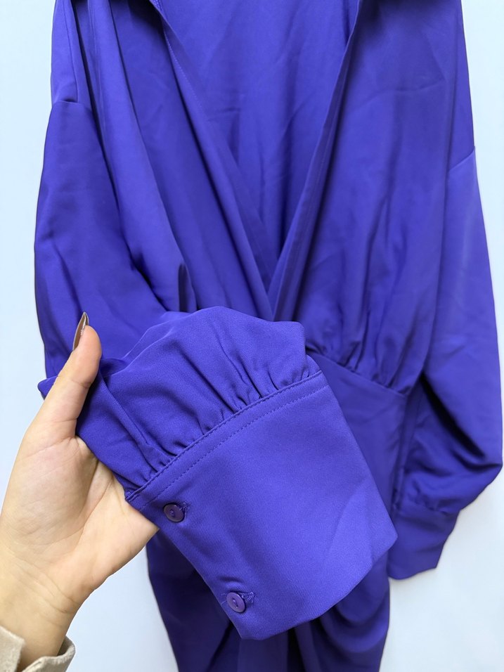 Mor Kadın Uzun Kollu Büzgülü Elbise - Görsel 3