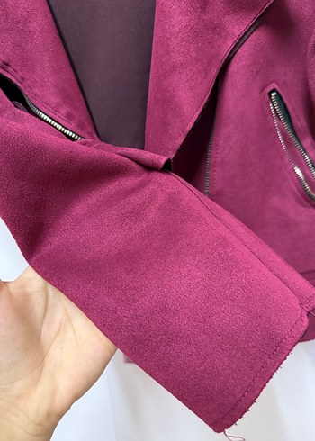 Kadın Bordo Süet Kısa Biker Ceket - Görsel 3