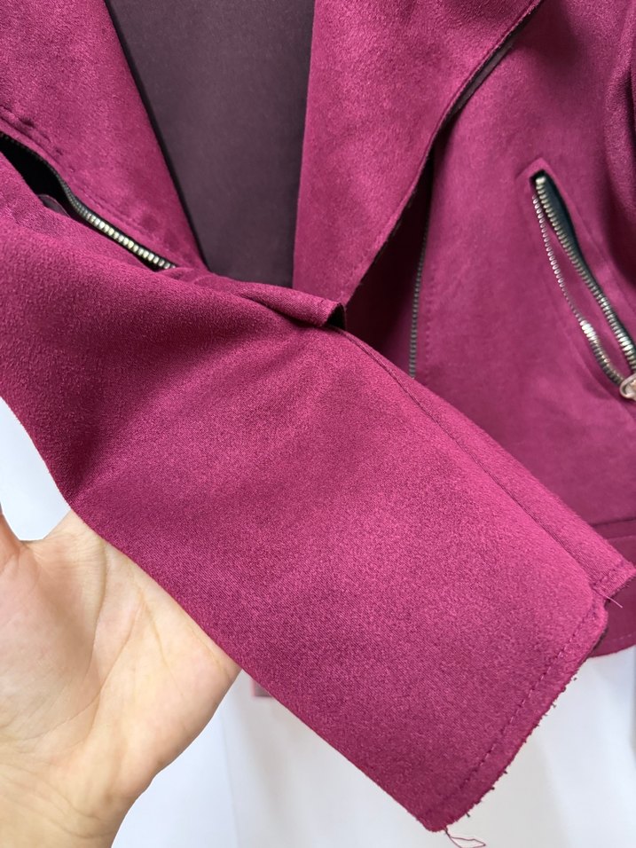 Kadın Bordo Süet Kısa Biker Ceket - Görsel 3