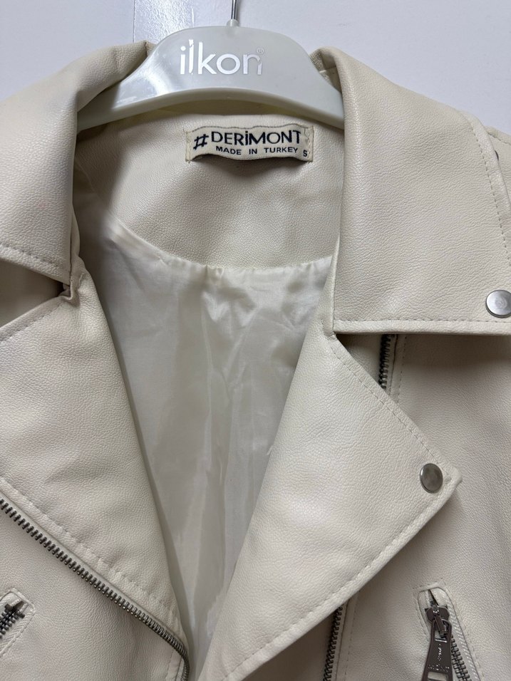 Bej Kadın Deri Biker Ceket - Görsel 2