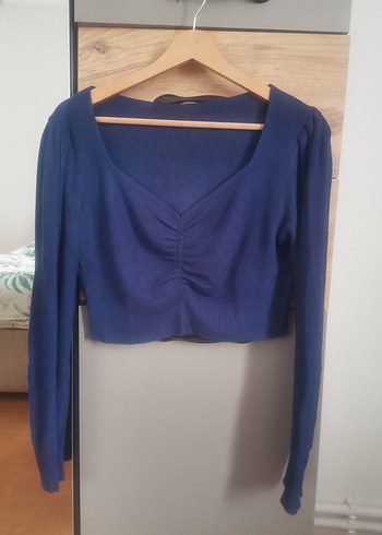 Lacivert Crop V Yaka Büzgülü Triko Kazak - Görsel 2