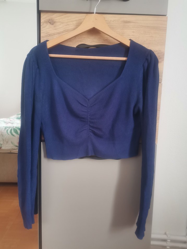 Lacivert Crop V Yaka Büzgülü Triko Kazak - Görsel 2