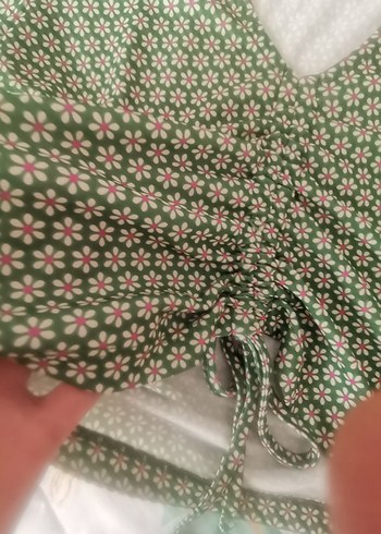 V yaka İp Detaylı Uzun Kol Crop Bluz - Görsel 3