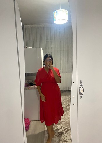Diğer Kırmızı V Yaka Midi Kadın Elbise
