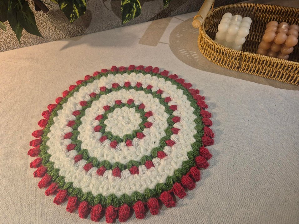 Kırmızı güllü el yapımı yuvarlak örgü banyo lifi yumuşak - Görsel 3