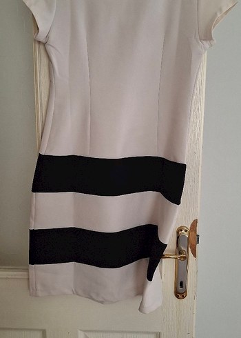 Krem siyah çizğili Midi Casual Elbise - Görsel 2