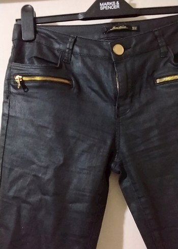 Siyah Deri Fermuarlı Dar Kesim Kadın Pantolon - Görsel 2