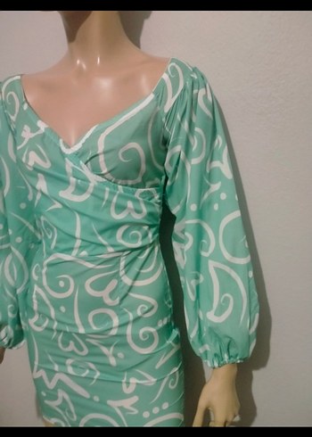 Turkuaz V Yakalı Drapeli Mini Elbise - Görsel 2