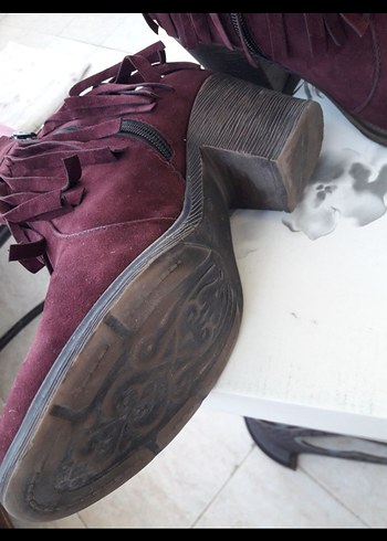 Bordo Süet Püsküllü Dolgu Topuk Kadın Bot - Görsel 4