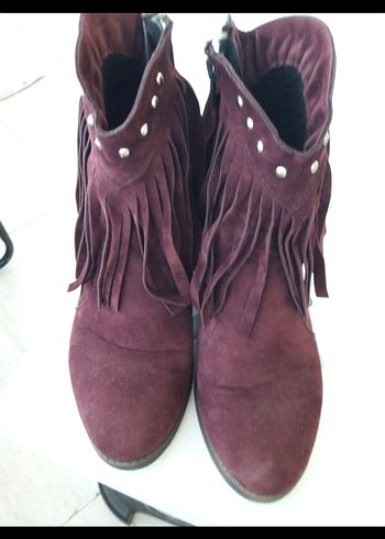 Bordo Süet Püsküllü Dolgu Topuk Kadın Bot - Görsel 3