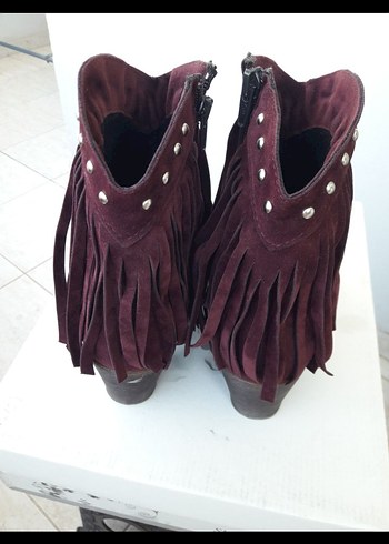 Bordo Süet Püsküllü Dolgu Topuk Kadın Bot - Görsel 2