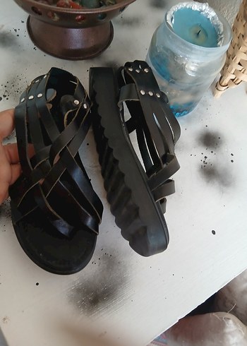 Bambi Siyah Bağlı Kadın Sandalet 39 numara
