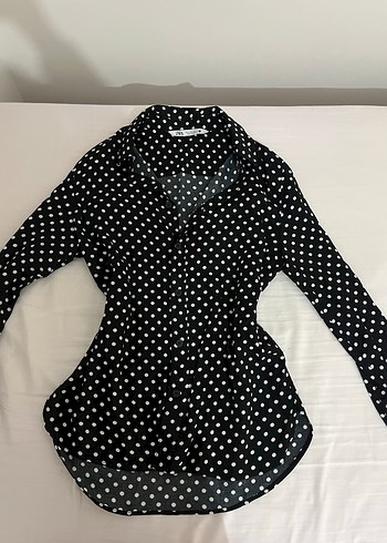Zara Siyah Puantiyeli Uzun Kollu gömlek ve şort takım S beden - Görsel 2