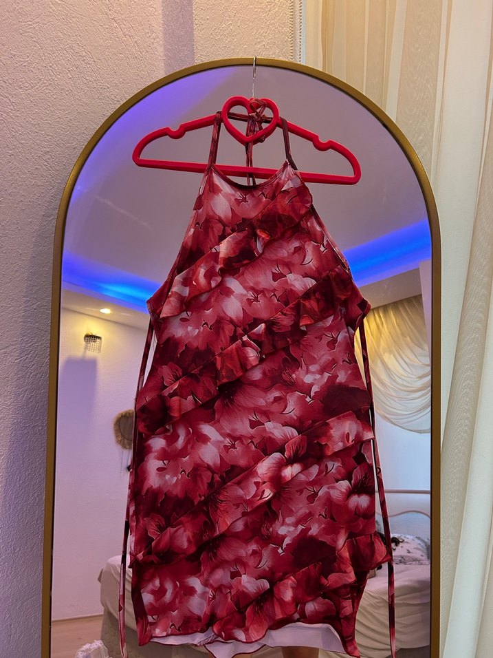 Bordo Fırfırlı Straplez Midi Elbise - Görsel 2