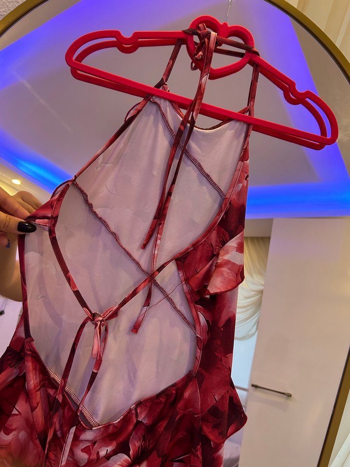 Bordo Fırfırlı Straplez Midi Elbise - Görsel 3