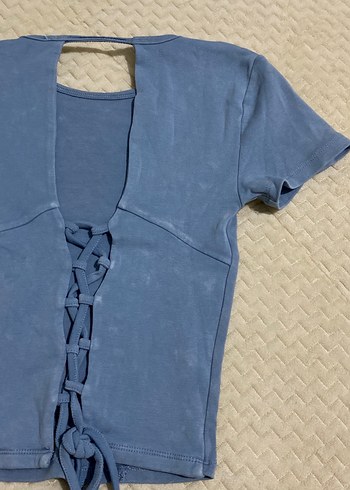 m Beden mavi Renk desenli bebe mavisi sırtı açık desenli crop bluz