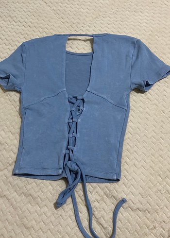 m Beden desenli bebe mavisi sırtı açık desenli crop bluz