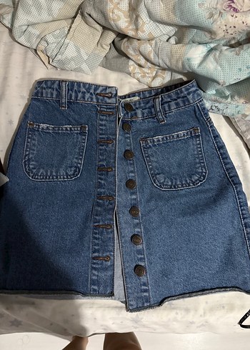 Düğmeli Mavi Denim Mini Etek