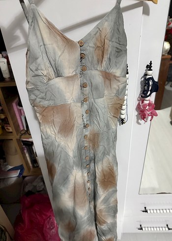 Gri Batik Desenli Uzun Bohem Elbise