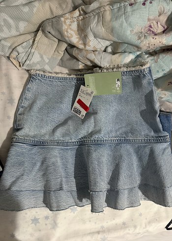 Gri Denim Fırfırlı Mini Etek