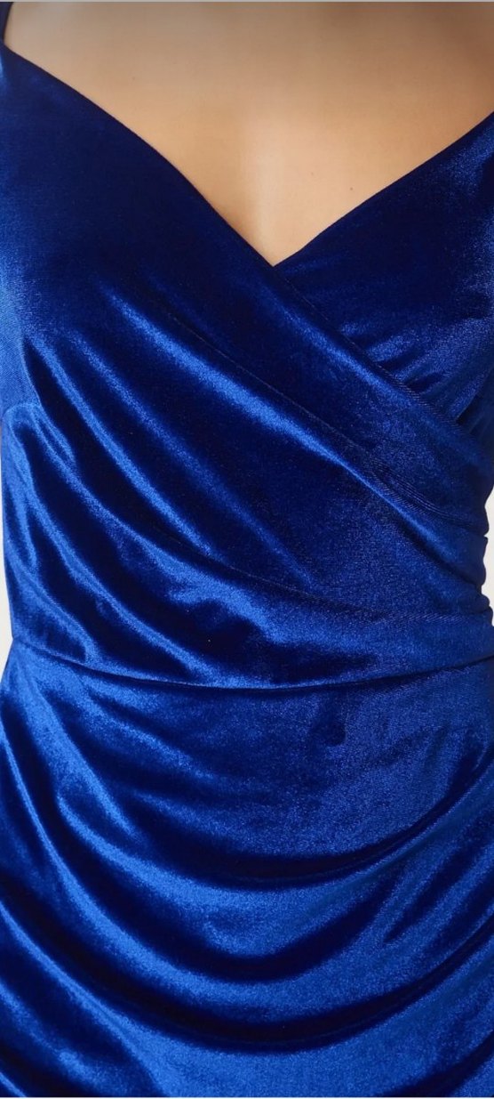 kadife Parlak Mavi Drapeli V Yaka Mini Elbise - Görsel 3