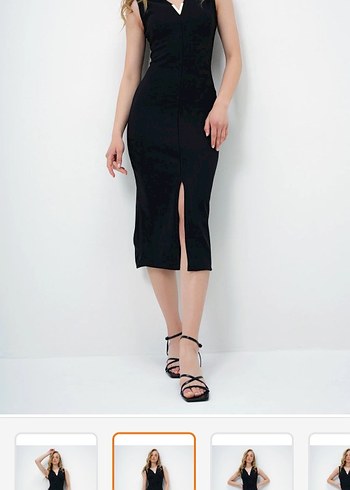 Siyah V Yaka Uzun Kalem Elbise - Görsel 2