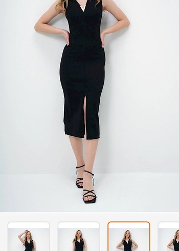 Siyah V Yaka Uzun Kalem Elbise - Görsel 3