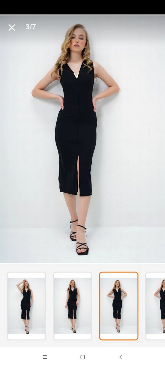 Siyah V Yaka Uzun Kalem Elbise - Görsel 3