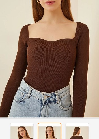 V Yaka Kahverengi Triko Bluz - Görsel 2