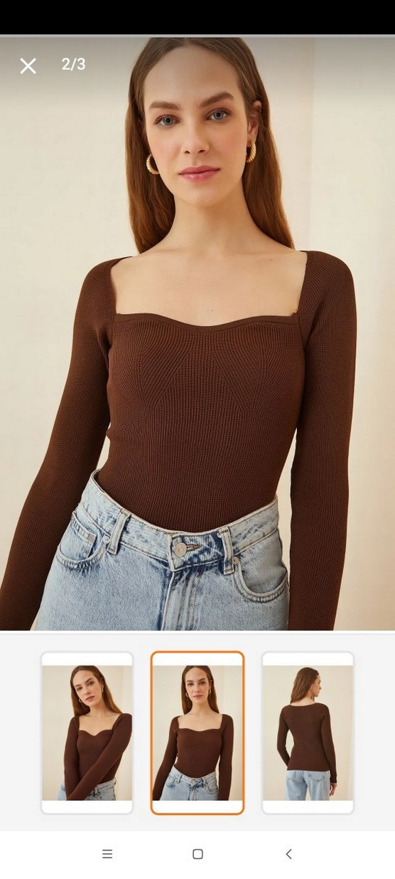 V Yaka Kahverengi Triko Bluz - Görsel 2