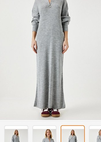 Gri Yüksek Yaka Triko Uzun Elbise - Görsel 3