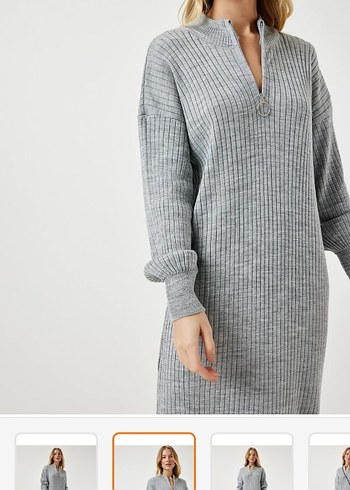 Gri Yüksek Yaka Triko Uzun Elbise - Görsel 2